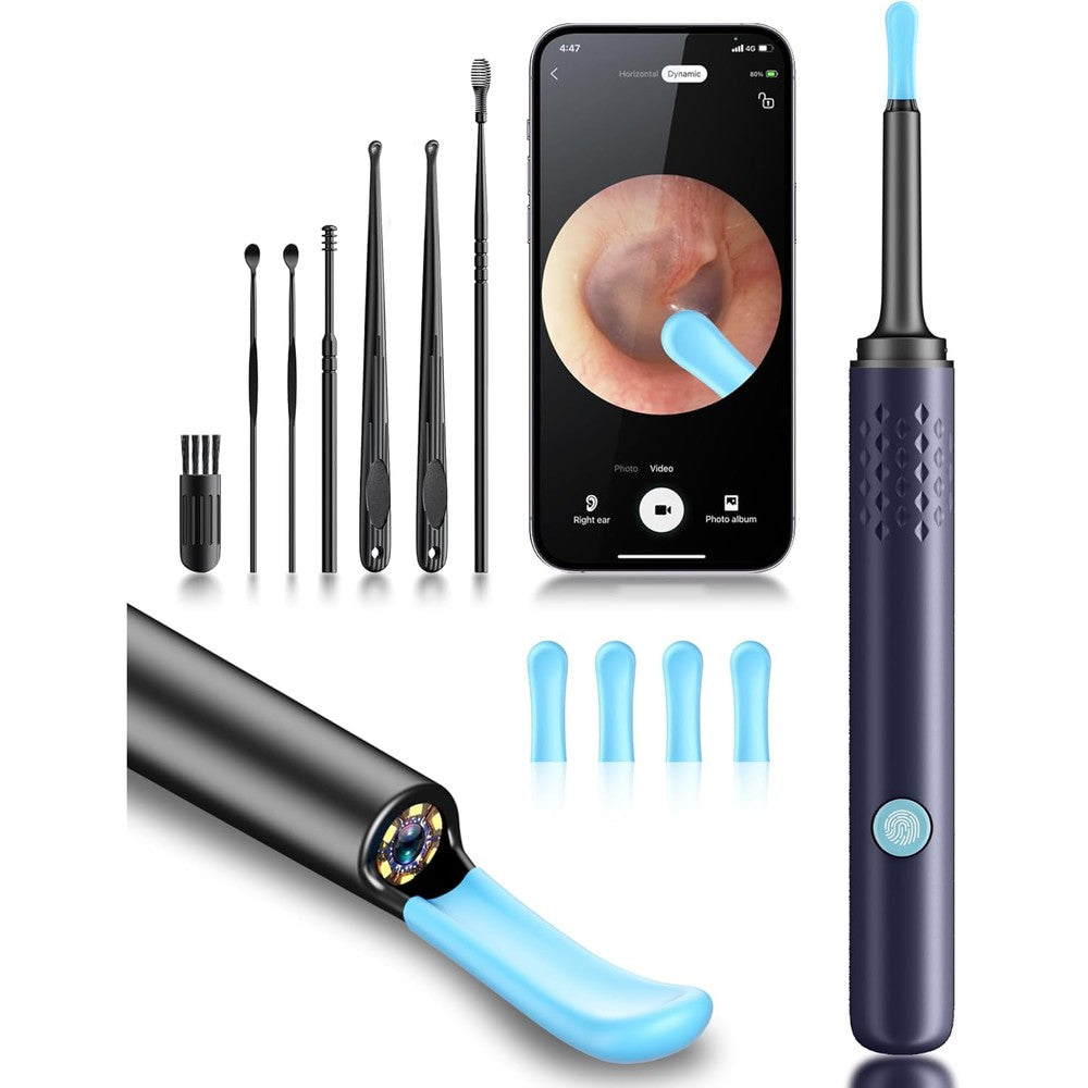 Hopefox Ear Wax Removal Tool Camera front view showing the sleek blue body and 1080P otoscope lens tip.