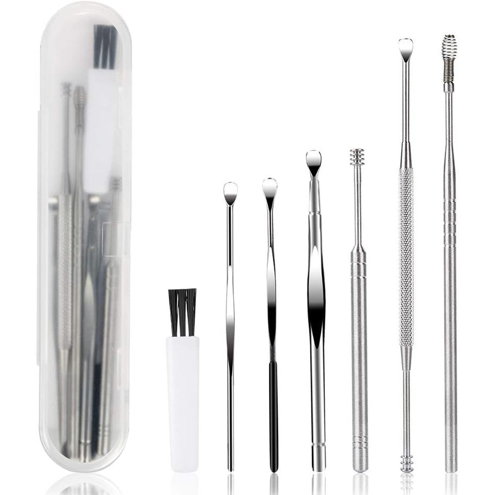 BetyBedy 7 Piece Ear Pick Earwax Removal Kit front view in silver storage case.