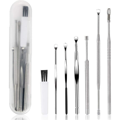 BetyBedy 7 Piece Ear Pick Earwax Removal Kit front view in silver storage case.