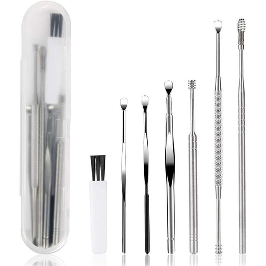 BetyBedy 7 Piece Ear Pick Earwax Removal Kit front view in silver storage case.