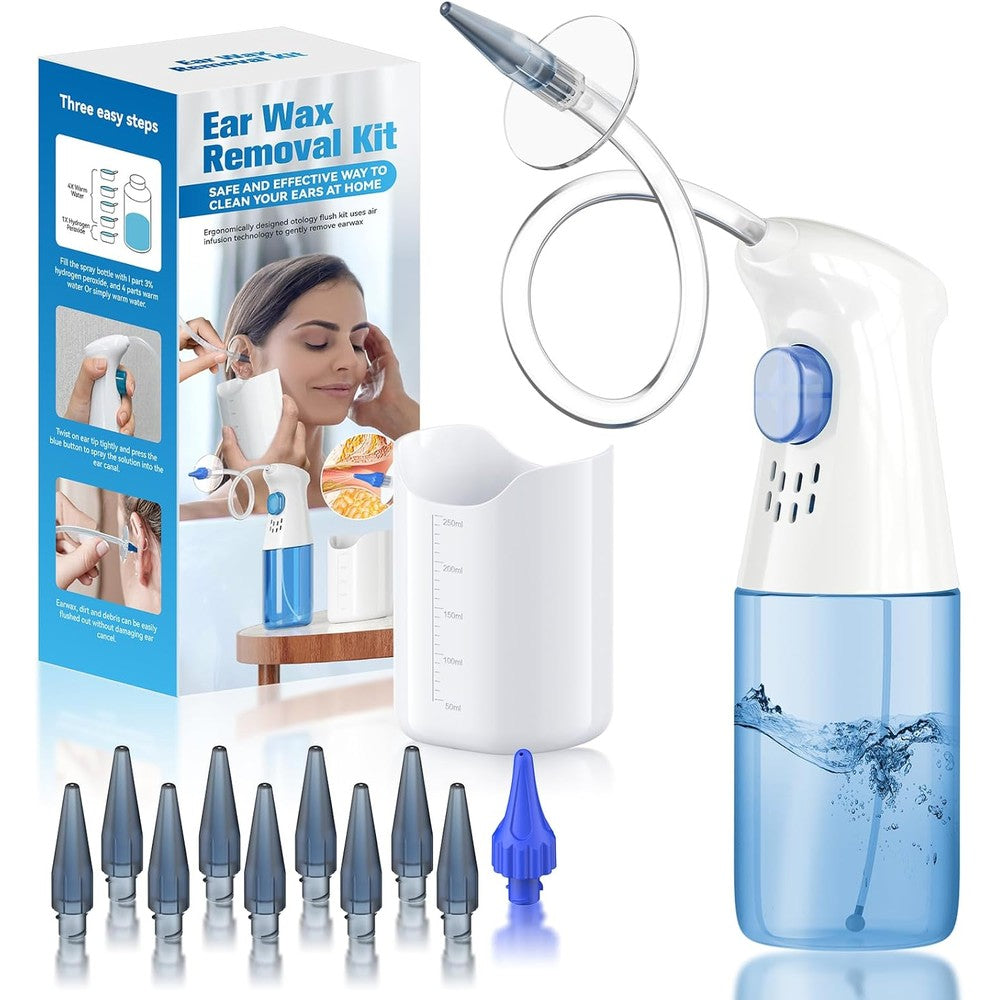 WEUANY manual ear wax removal kit front view showing spray bottle and basin.