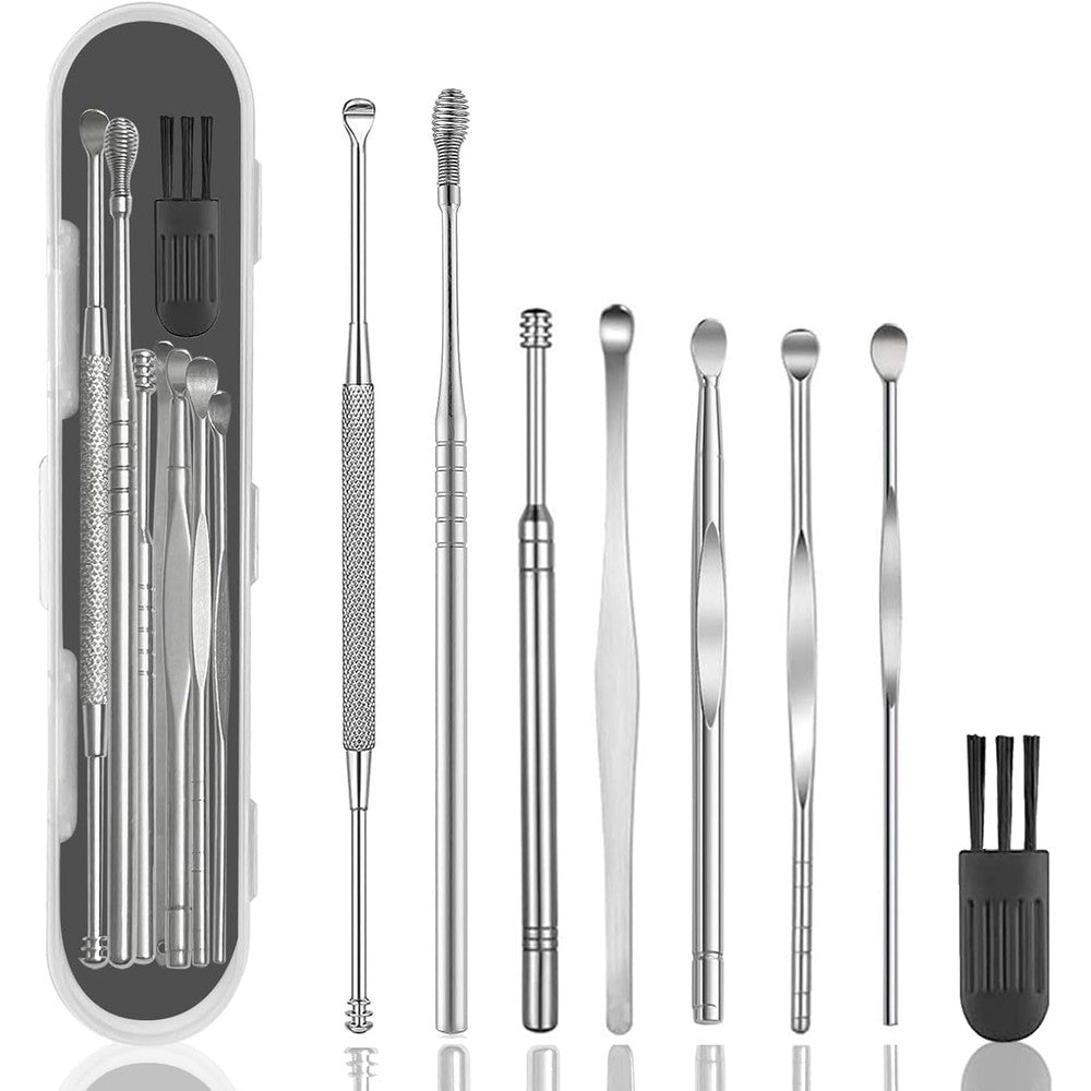 Hion 8 Piece Ear Wax Removal Kit front view showing silver stainless steel tools in storage box.