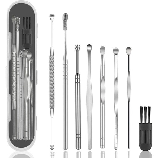 Hion 8 Piece Ear Wax Removal Kit front view showing silver stainless steel tools in storage box.