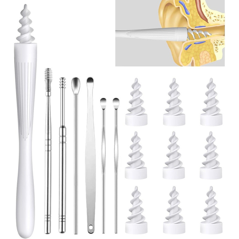 Toeah ear wax removal tool kit front view showing white spiral handle and replacement heads