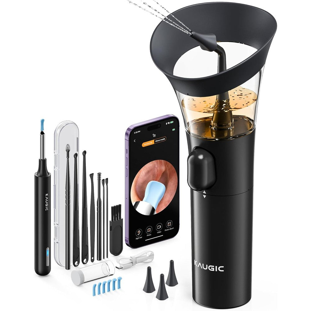 KAUGIC ear wax removal kit with camera front view showing the manual pump and smartphone integration.