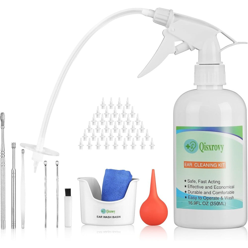QISXROVY Ear Wax Removal Tool front view of complete irrigation kit with spray bottle and basin.