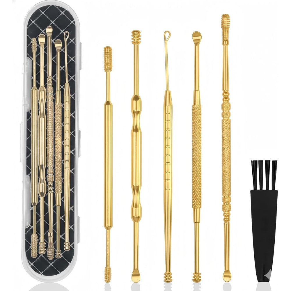 Hion 6 Piece Extended Ear Wax Removal Kit front view gold stainless steel tools.