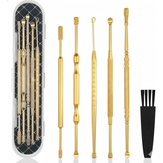 Hion 6 Piece Extended Ear Wax Removal Kit front view gold stainless steel tools.