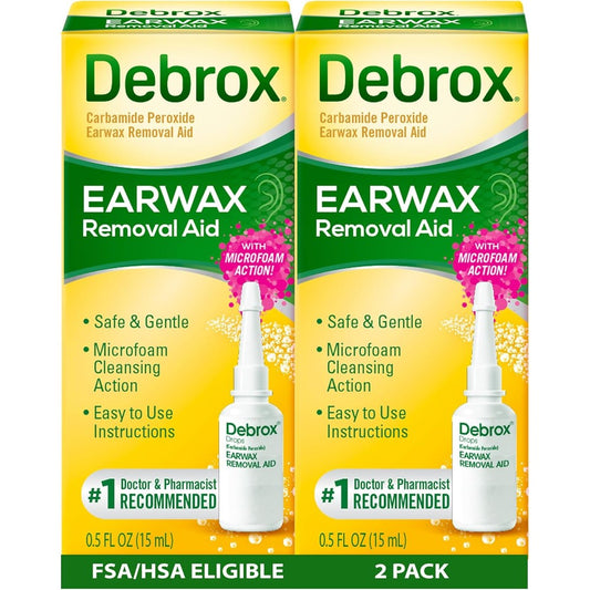 Debrox Ear Wax Removal Drops front packaging 2 pack.