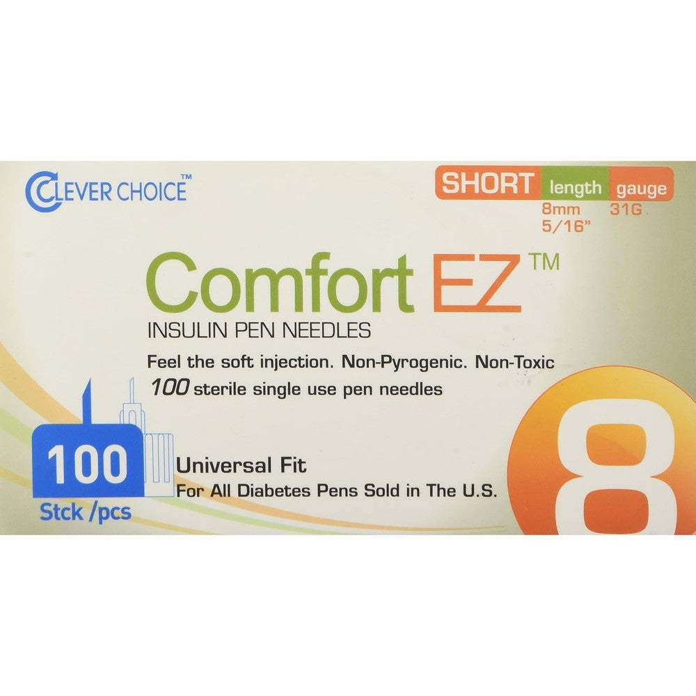 Clever Choice Comfort EZ Insulin Pen Needles 31G 8mm front box view for diabetic care.