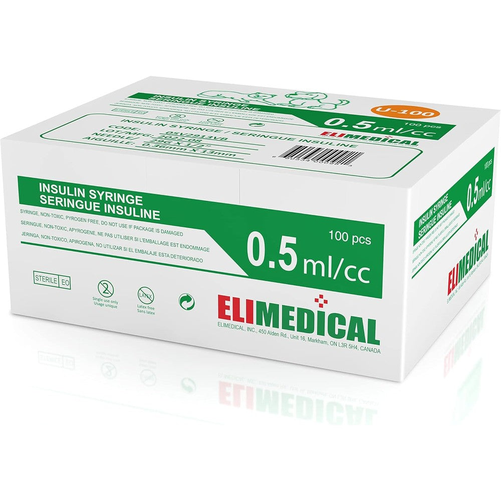 Elimedical Veterinary Insulin Syringe box front view showing 100 count U-100 syringes.
