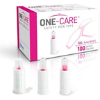 ONE-CARE Safety Pen Tips 100 count box front view for sterile insulin injection.