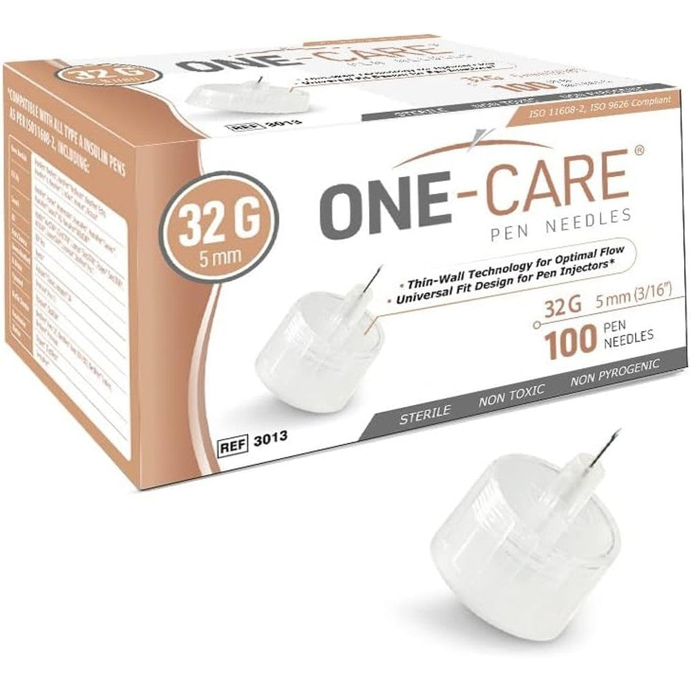 ONE-CARE Insulin Pen Tips 32G 5mm 100 count box front view for painless diabetes management.