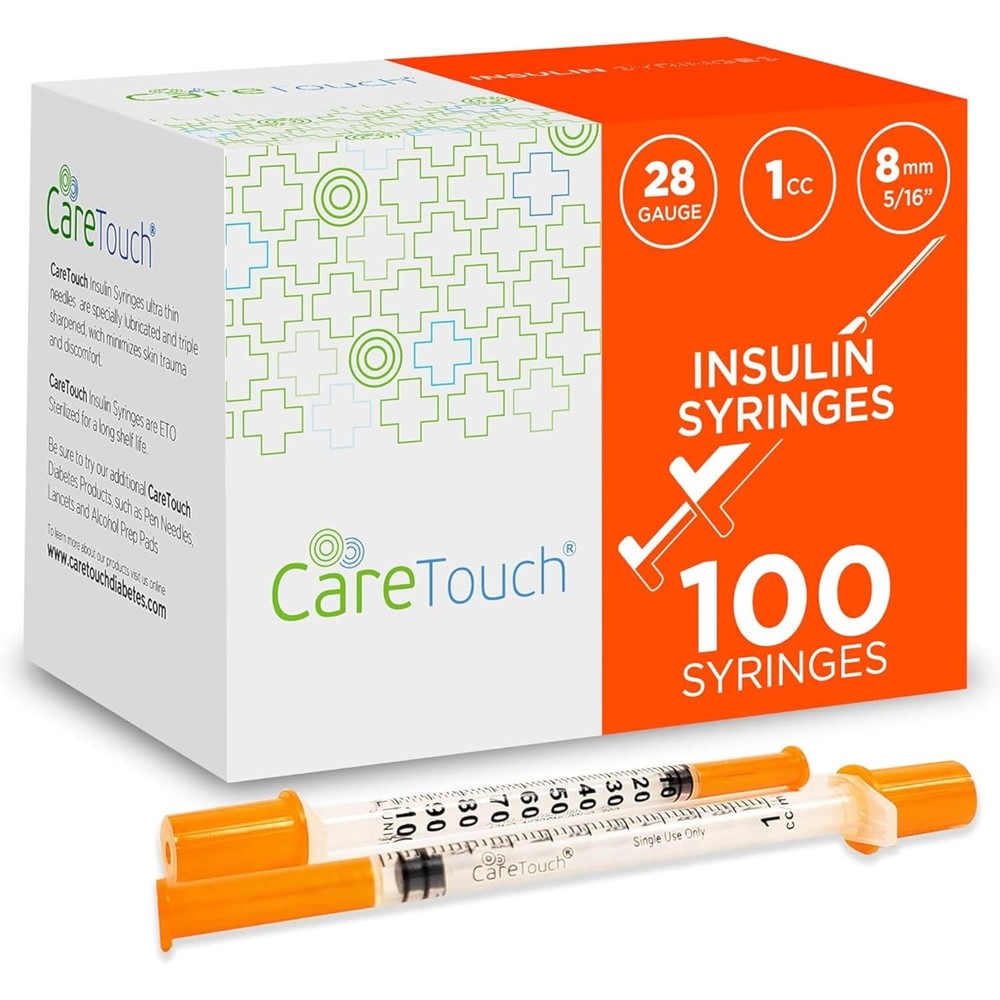 Care Touch Insulin Syringes 100 count box front view for diabetes care.