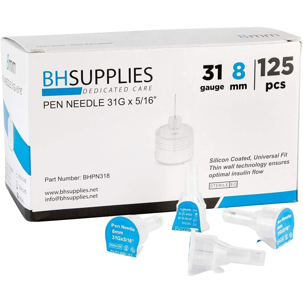 BH Supplies 31 Gauge 8mm Insulin Pen Needles 125 pack front view authentic medical supply.