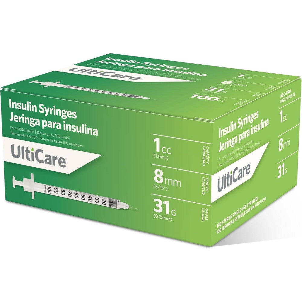 UltiCare U-100 Insulin Syringes 100 count box front view for diabetic care.
