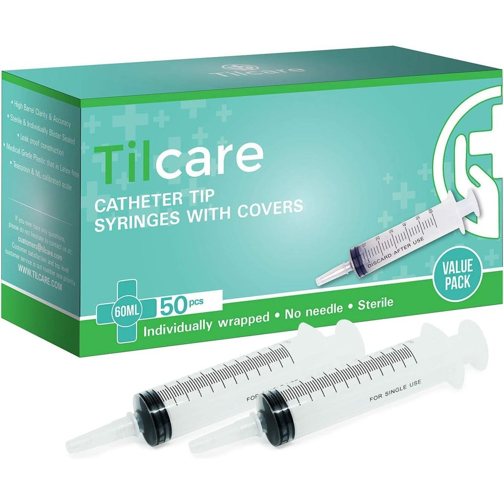 Tilcare 60ml Catheter Tip Syringe front view showing sterile packaging.