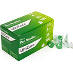 UltiCare Pen Needles 4mm 32G Micro box front view for insulin delivery.