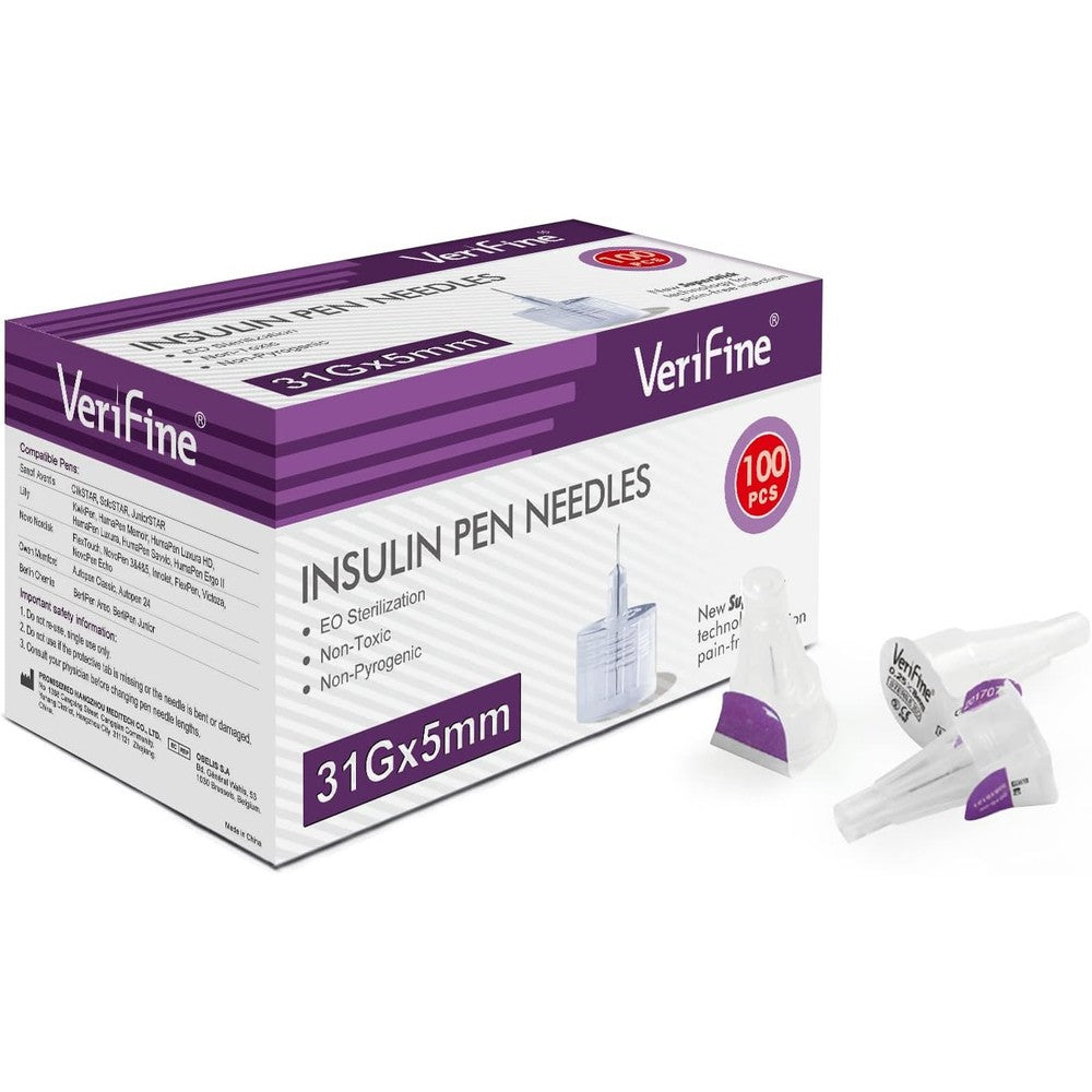 Verifine Insulin Pen Needles 31G 5mm front view of 100 count box.