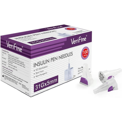 Verifine Insulin Pen Needles 31G 5mm front view of 100 count box.