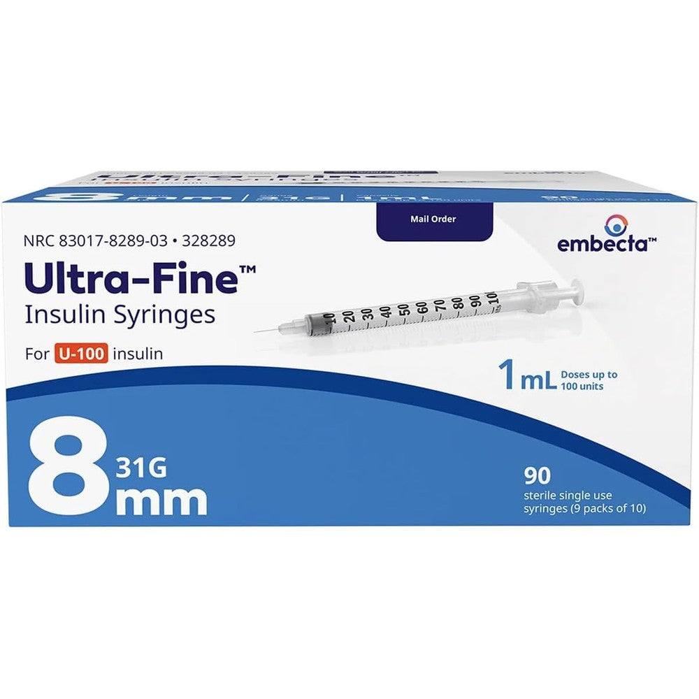 BD Ultra-Fine Insulin Syringes 31G 1cc 90 count box front view for diabetes care.