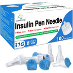 CareLiving Insulin Pen Needle 31G 6mm front view of the 100 count box.