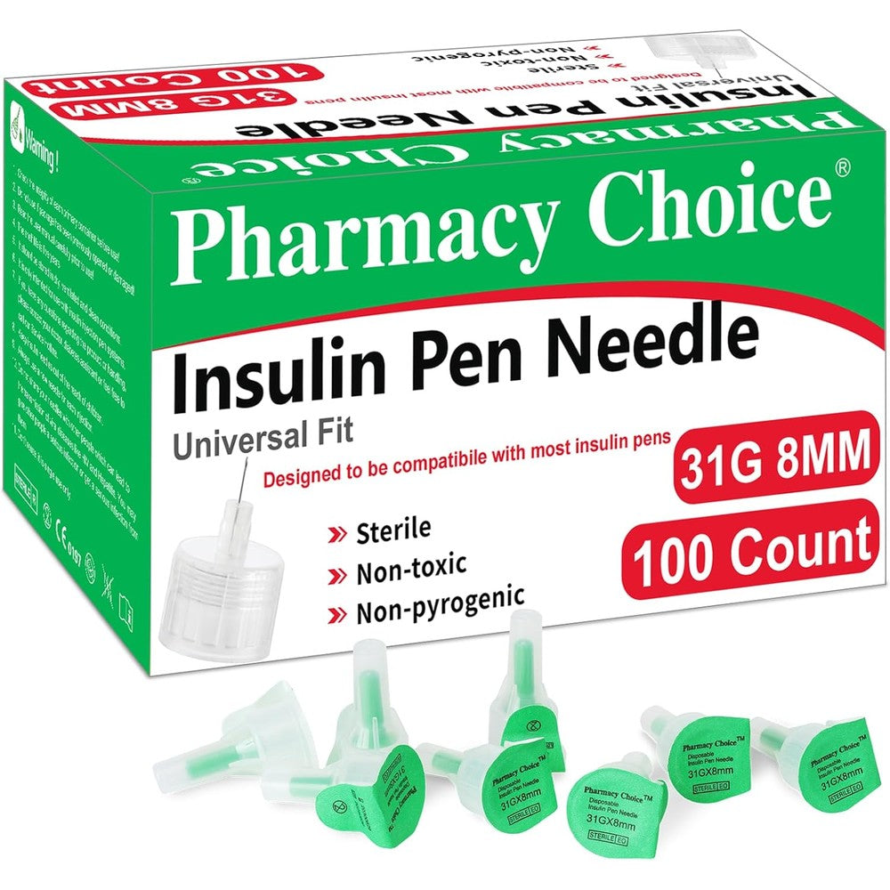 Pharmacy Choice Insulin Pen Needles 31G 8mm front view of the 100 count box.