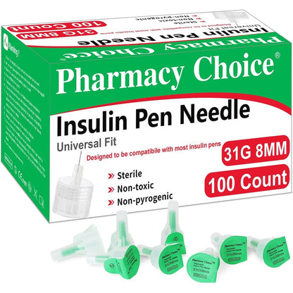 Pharmacy Choice Insulin Pen Needles 31G 8mm front view of the 100 count box.