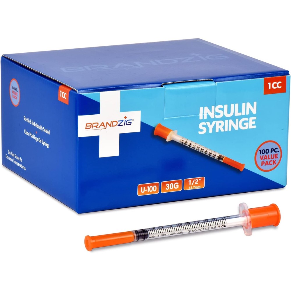 Brandzig Insulin Syringes 100 pack box front view for diabetes management.