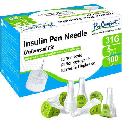 Medt Pro Comfort Insulin Pen Needles 31G 5mm front view packaging for diabetic care.