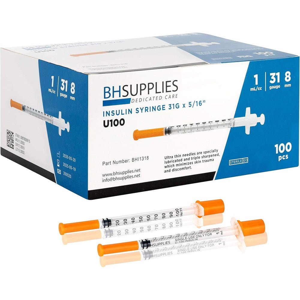 BH Supplies insulin syringes 100 pack front box view for diabetic care.