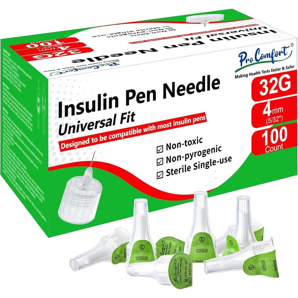 Pro Comfort 32G 4mm Insulin Pen Needles 100 Count front packaging view for diabetes care.