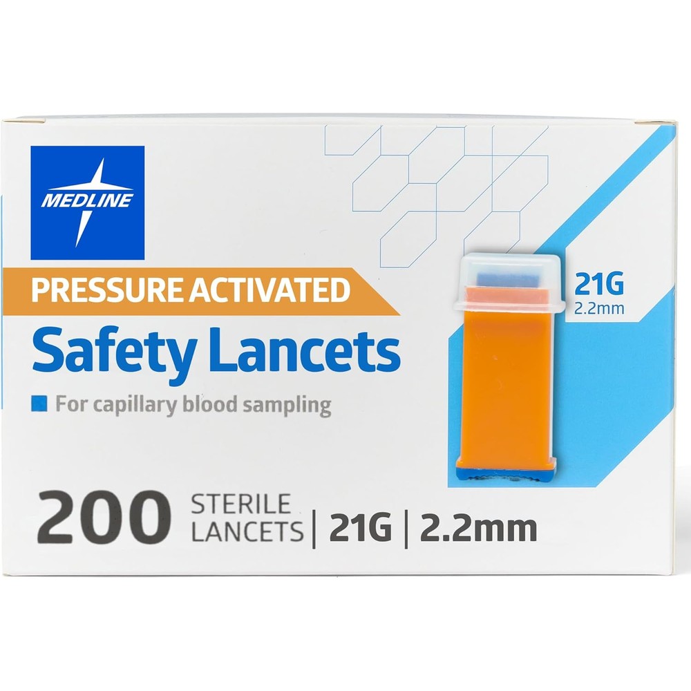 Medline EvenCare G2 Safety Lancets 200 Count box front view showcasing authentic medical packaging.