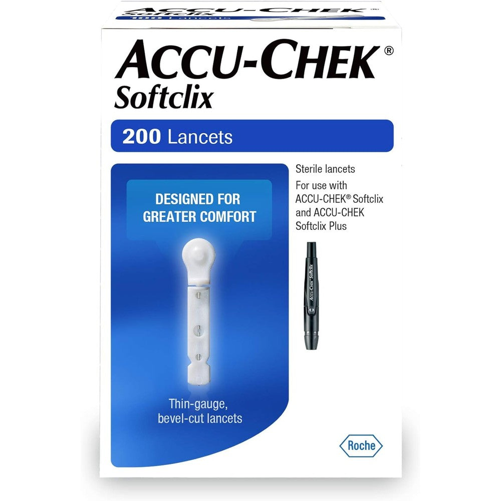 Accu-Chek Softclix sterile lancets two hundred count box packaging front view showing medical branding