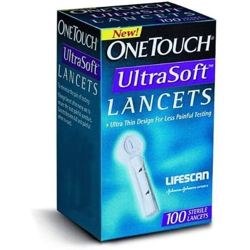 LifeScan OneTouch UltraSoft Sterile Lancets 100 Count front view box for diabetic blood sugar testing.