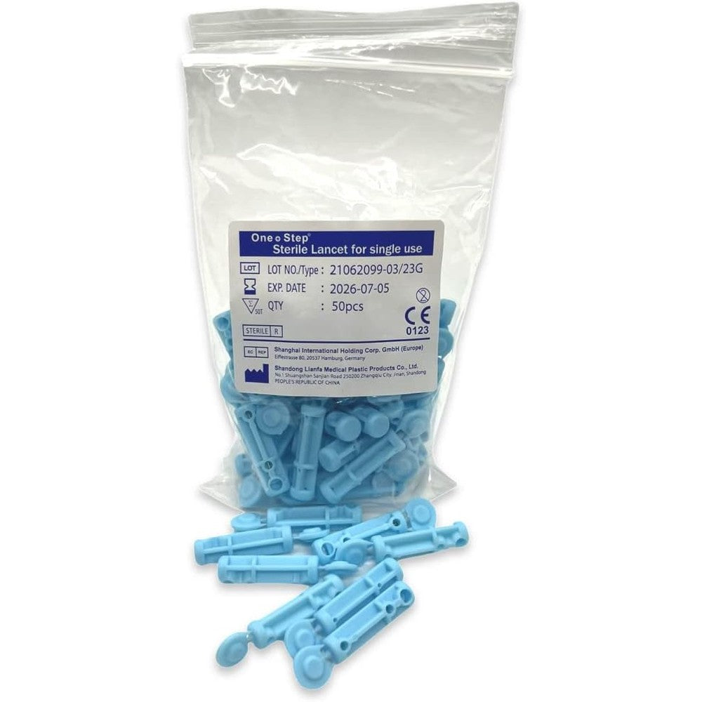 One Step Twist Top Sterile 23 Gauge Blood Lancets front view of packaging for diabetic blood testing.