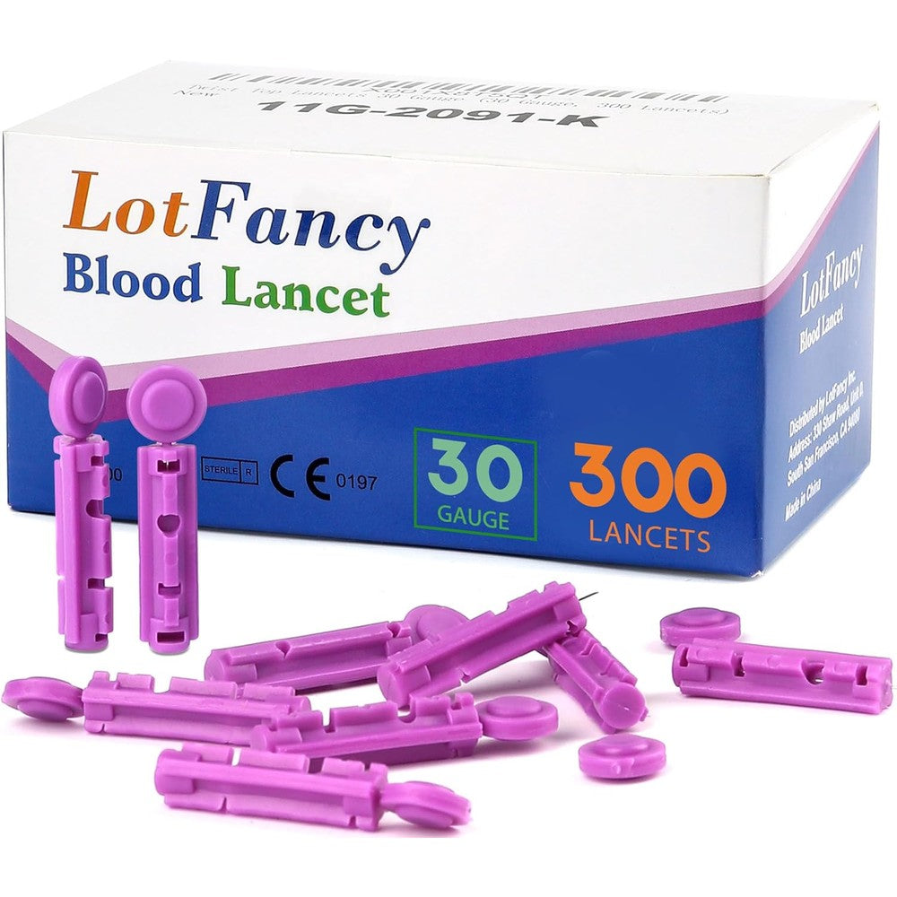 LotFancy Sterile 30 Gauge Twist Top Lancets 300 Count box front view for blood glucose testing