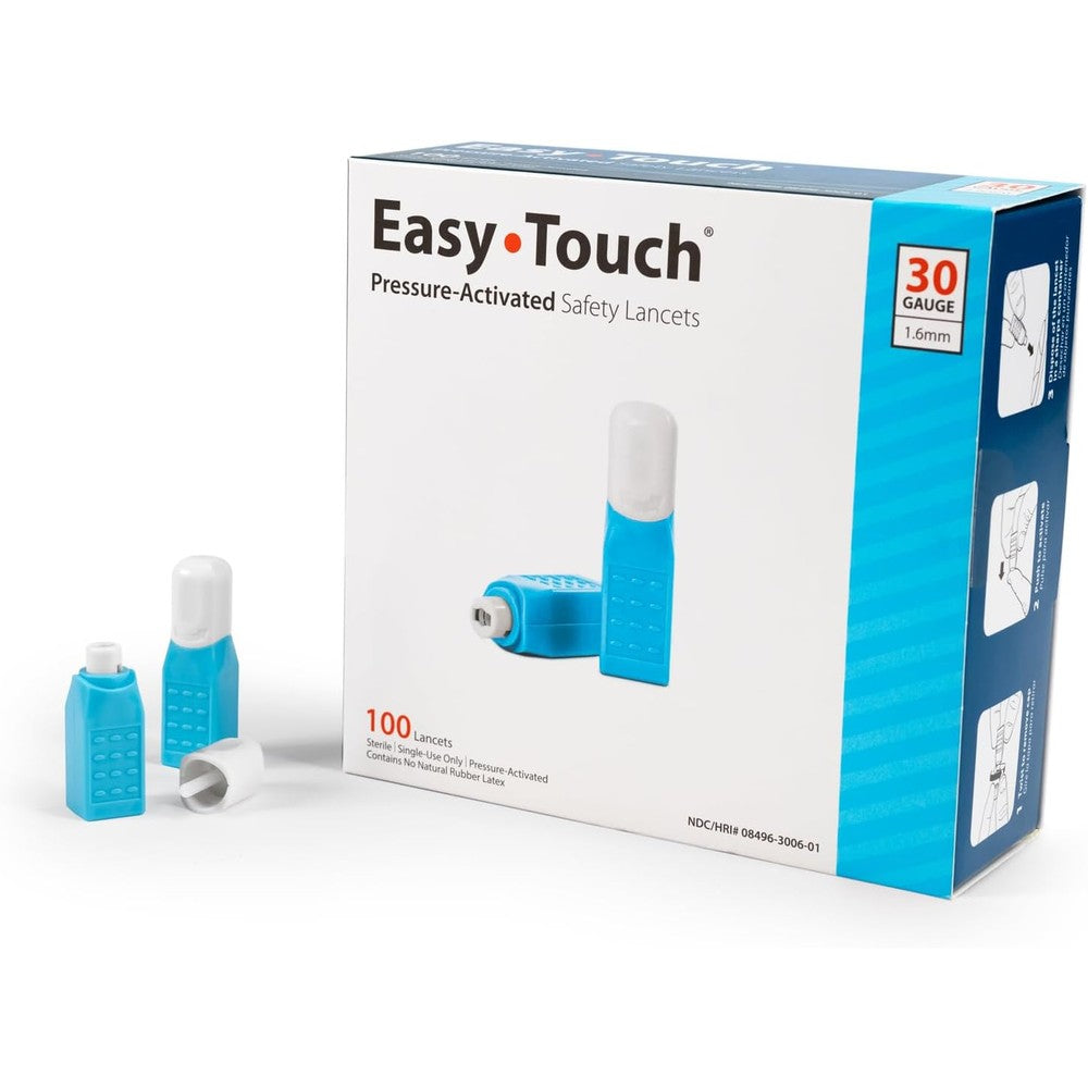 Easy Touch pressure activated safety lancets 30 gauge front packaging view for diabetic blood testing.