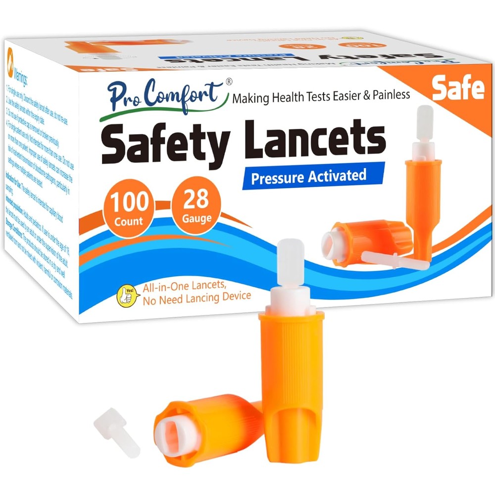 Pip Pro Comfort Safety Lancets 100 count front packaging view for authentic diabetes testing supplies.
