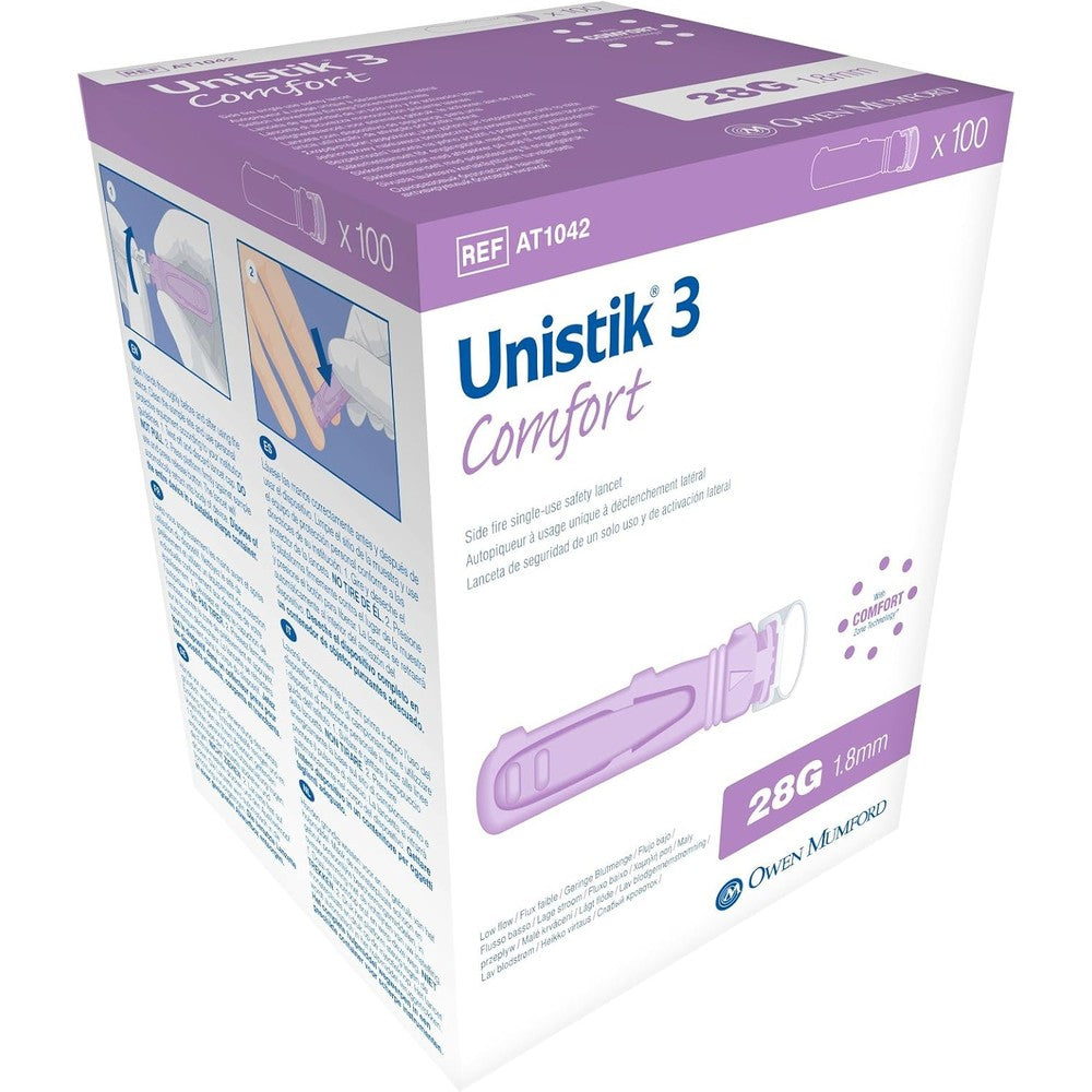 Owen Mumford Unistik 3 Comfort Safety Lancets 100 Count box front view for blood glucose testing.
