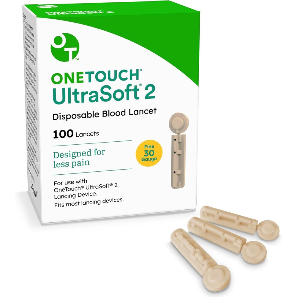 OneTouch UltraSoft 2 Lancets 100 count front view packaging for diabetic blood glucose testing.