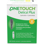 OneTouch Delica Plus 30 Gauge sterile lancets 100 count box front view for diabetic blood testing.
