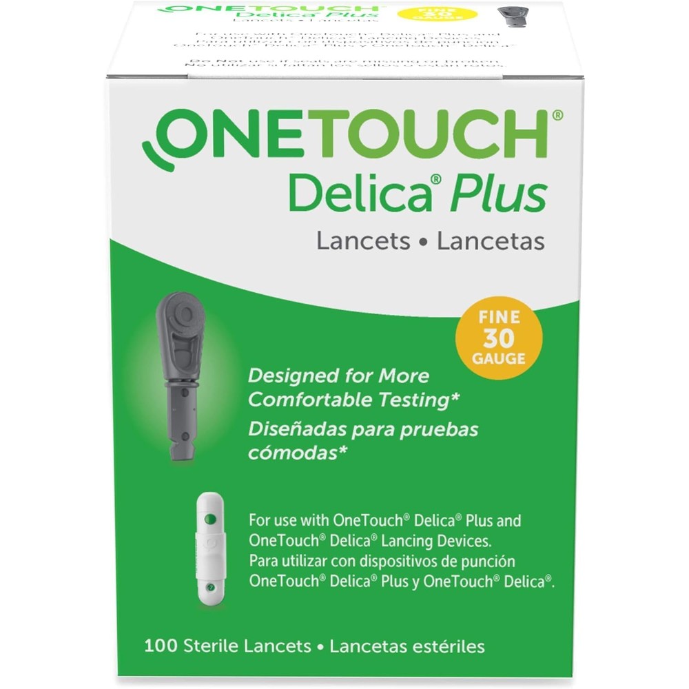 OneTouch Delica Plus 30 Gauge sterile lancets 100 count box front view for diabetic blood testing.