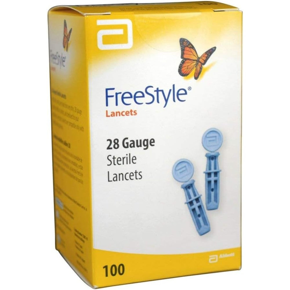 FreeStyle Sterile Blood Glucose Testing Lancets 100 Count Pack of 3 front view showing box packaging