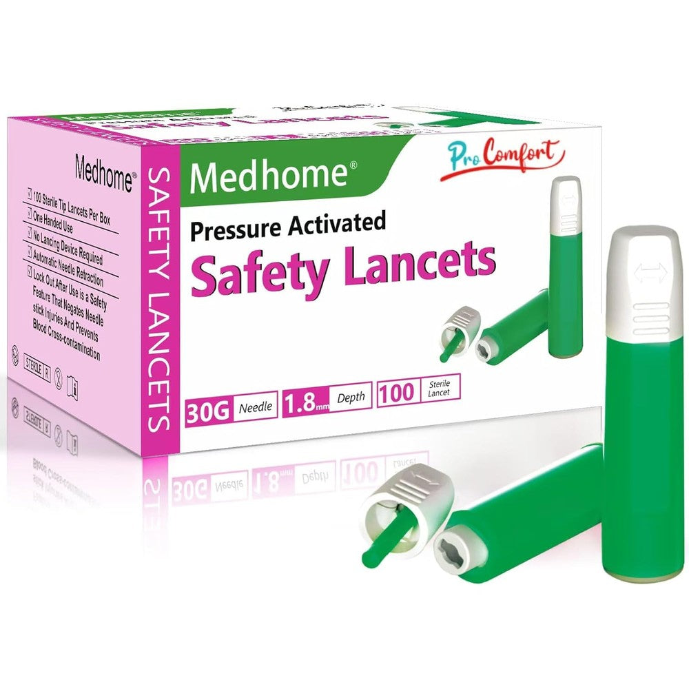Medhome Pressure Activated Safety Lancets front view of the package showcasing the 30G ultra-thin needle specifications for blood testing.