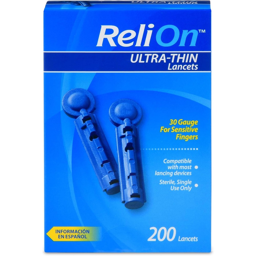 ReliOn 30G Ultra Thin Lancets front view of the packaging for blood glucose testing.