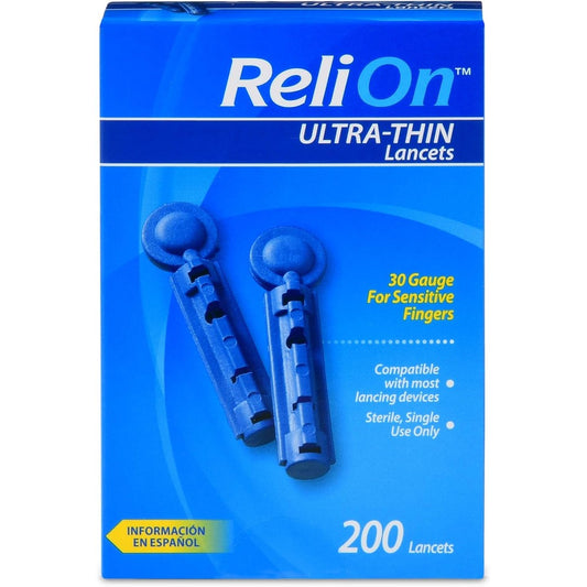 ReliOn 30G Ultra Thin Lancets front view of the packaging for blood glucose testing.