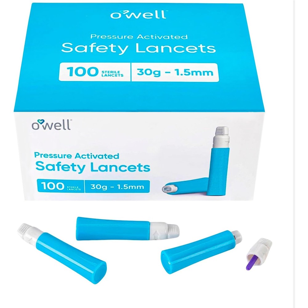 OWELL safety lancets 30G 100 count box front view for diabetic blood testing.