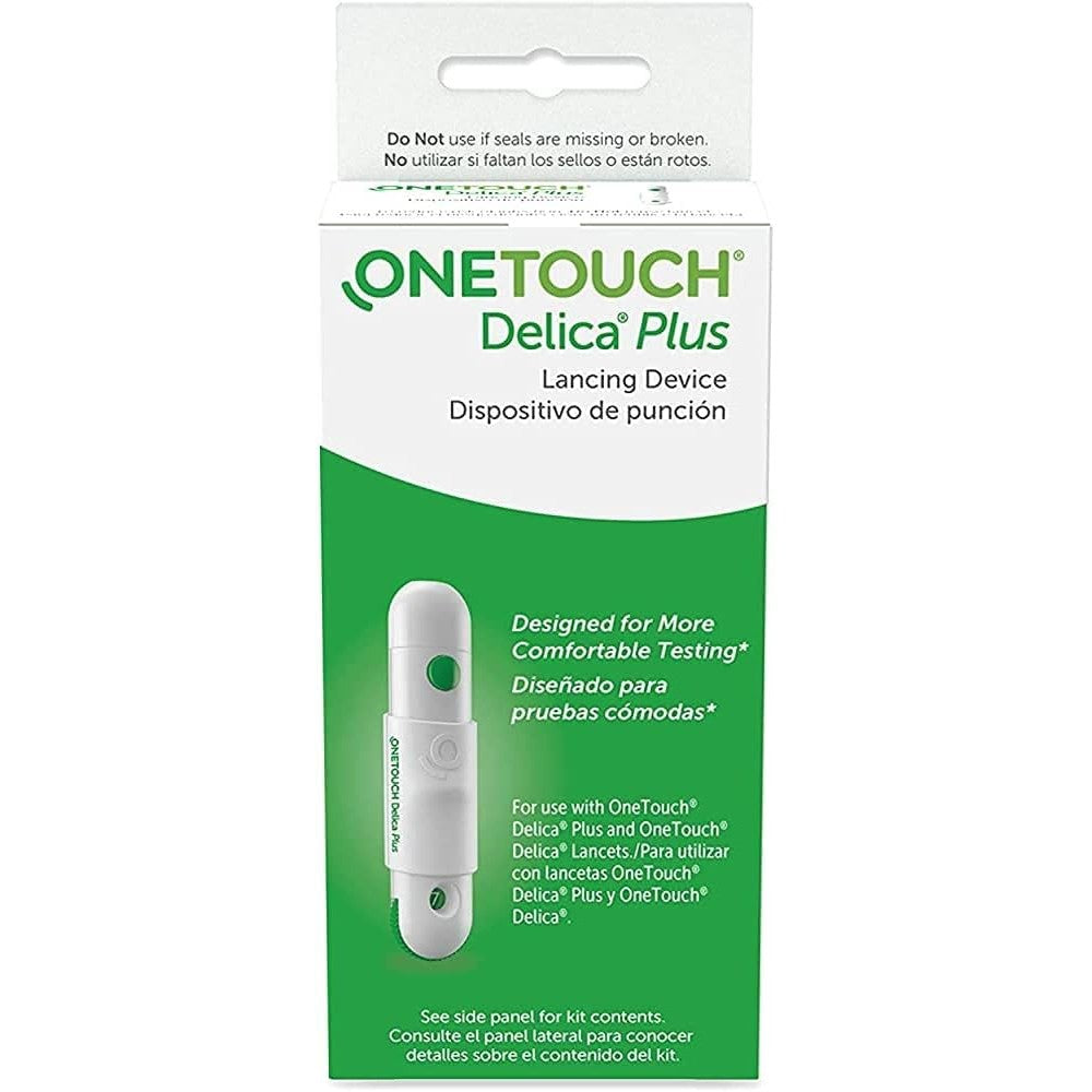 OneTouch Delica Plus Lancing Device with 25 lancets pack front view for diabetes blood testing