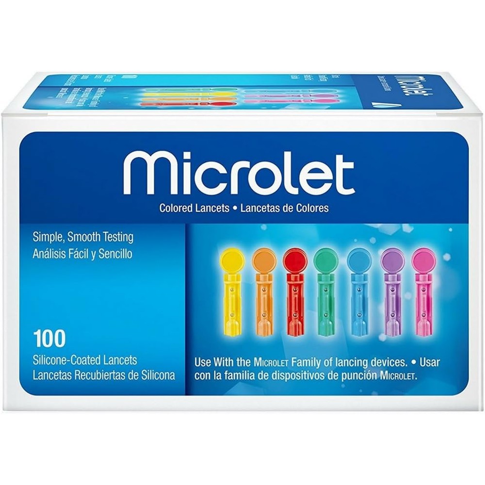 Ascensia Microlet Colored Lancets 100 Count Pack of 2 front view showing multi colored sterile needles for pain free blood glucose testing.